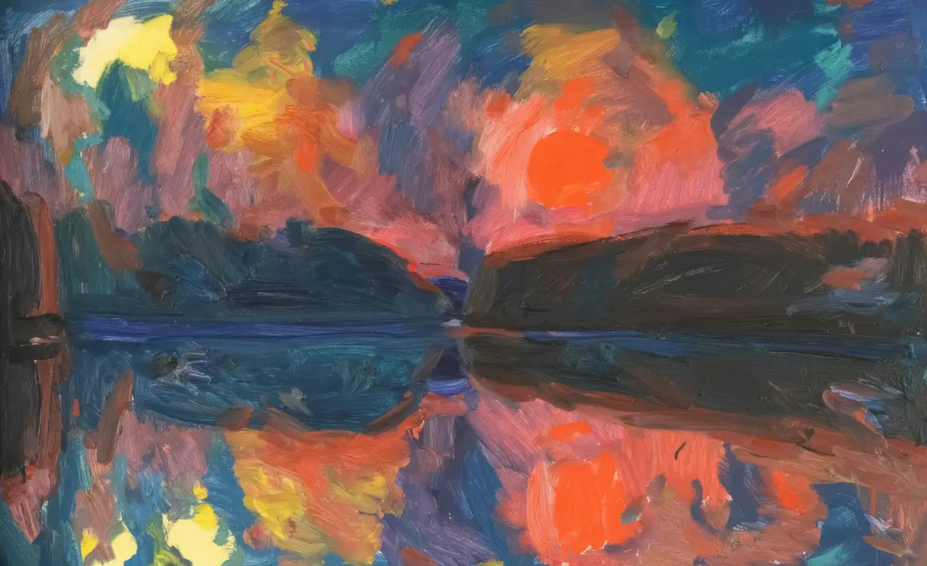 An impressionistic painting of a sunset reflected over water.